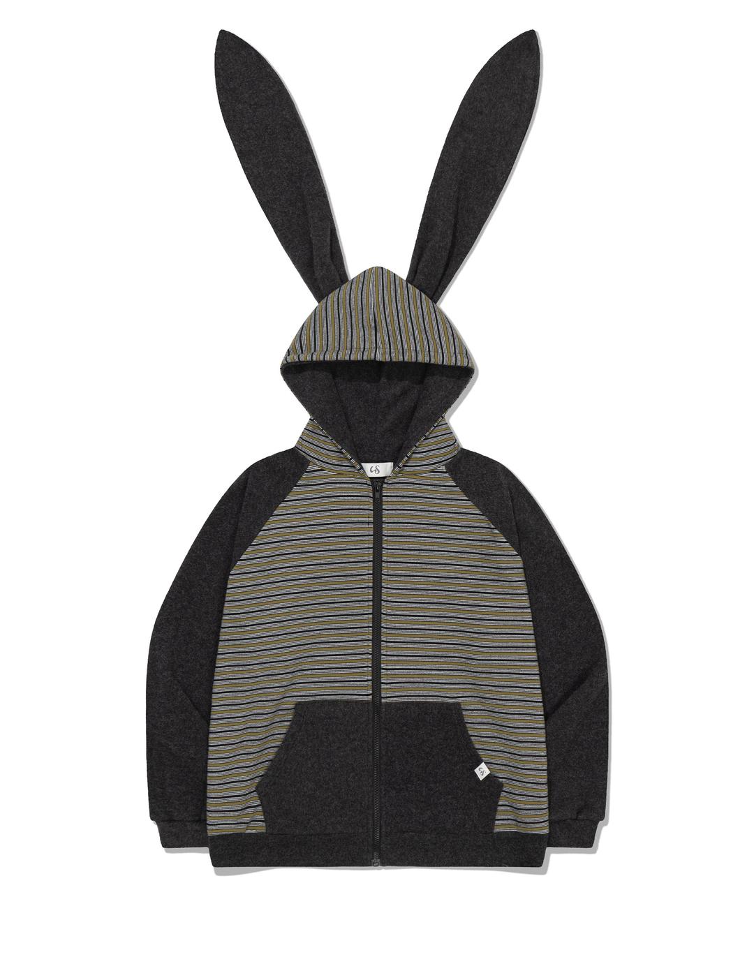 RABBIT EAR HOOD STRIPE ZIP-UP(KHAKI)