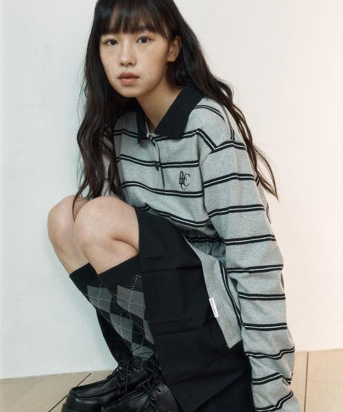 로씨로씨(ROCCI ROCCI)  RCC 스트라이프 버튼 카라 럭비 롱슬리브 티셔츠 [멜란지 그레이] - 사이즈 & 후기 | 무신사