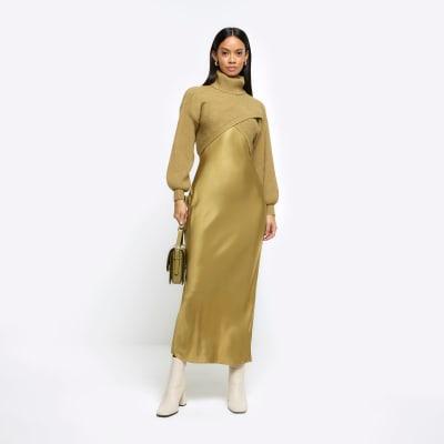 Khaki satin hybrid slip midi dress