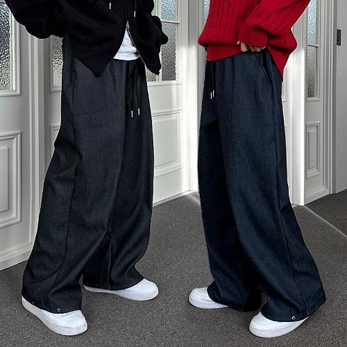 [기모] 웜데님 밴딩 스냅오픈 와이드 스트링 리얼와이드 데님 생지 팬츠