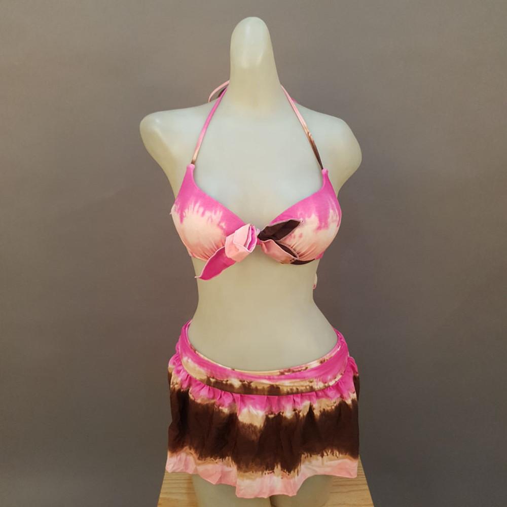 [아싸마켓] 나염 핑크 갈색 비키니 쓰리피스 수영복 독특한 홀터넥 치마