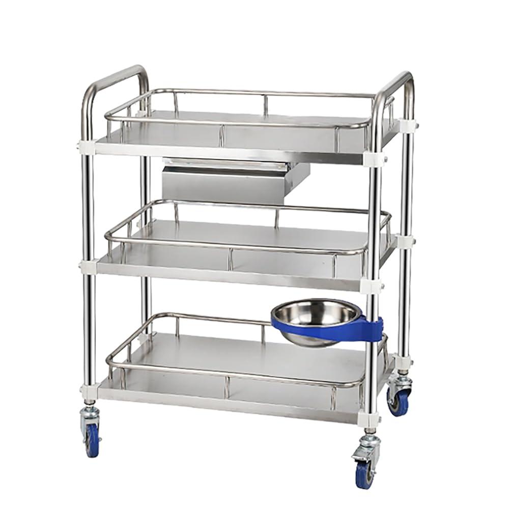 스테인리스 수레 트롤리, 3단 실버 트롤리 카트, 모바일 클리닉 서빙 랩 카트, 서랍 1개 포함, 서빙 트롤리 기기 유틸리티 롤링 카트, 연구소 병원 치과 용 (Size : 66*44*88cm/26*17.5*35in)