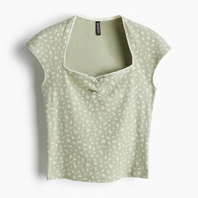 에이치앤엠 하트넥 골지 탑 1266326005 VERDE CAQUI CLARO/FLORAL