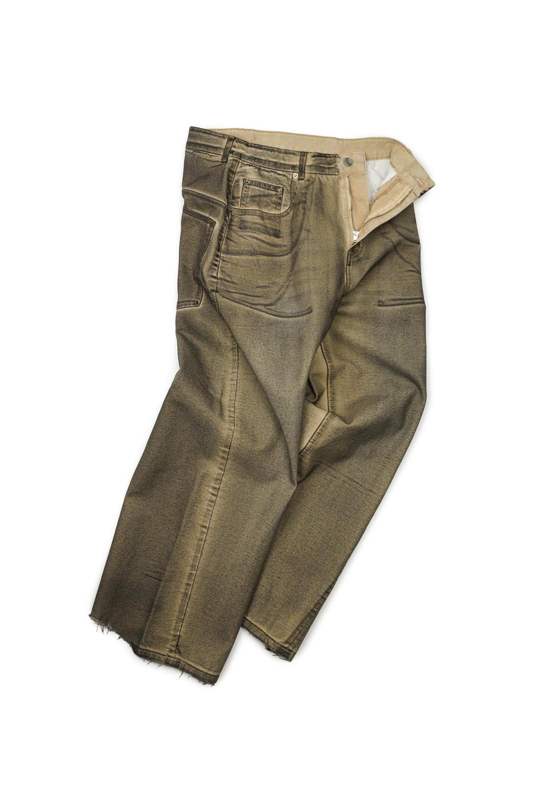 Yiyae Wide Washed Coated Denim Pants Beige