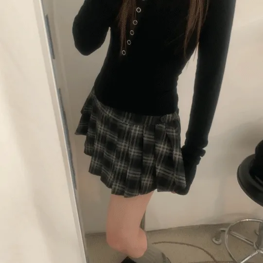 스쿨 체크 플리츠 버튼 미니스커트