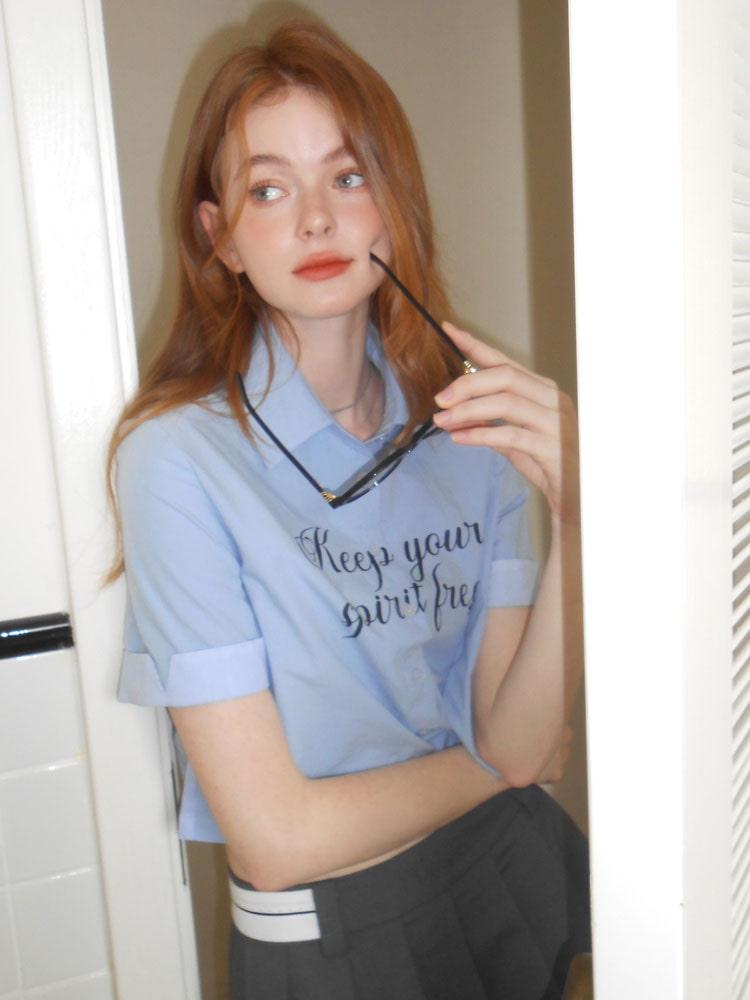 [ UENA ] Blue Lettering Short Sleeve Shirt + Tie
