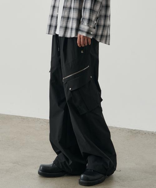 폴리시드 멀티 와이드 카고 팬츠 [블랙]