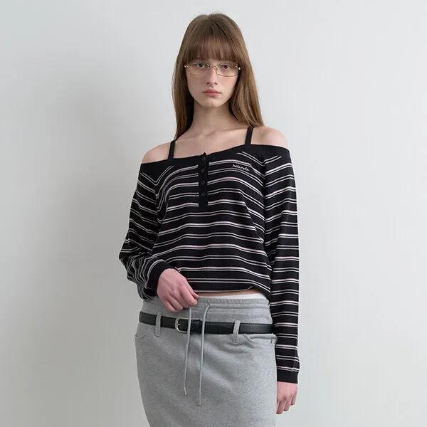 STRIPE OFF SHOULDER STRAP KNIT BLACK