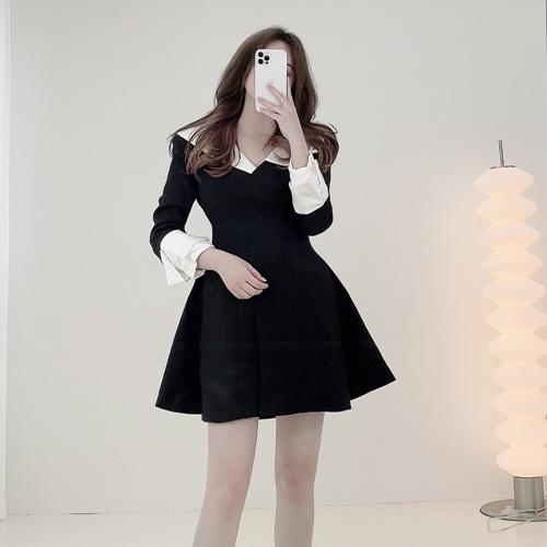 [하객룩/고퀄] 빅카라 배색 플레어 미니 원피스