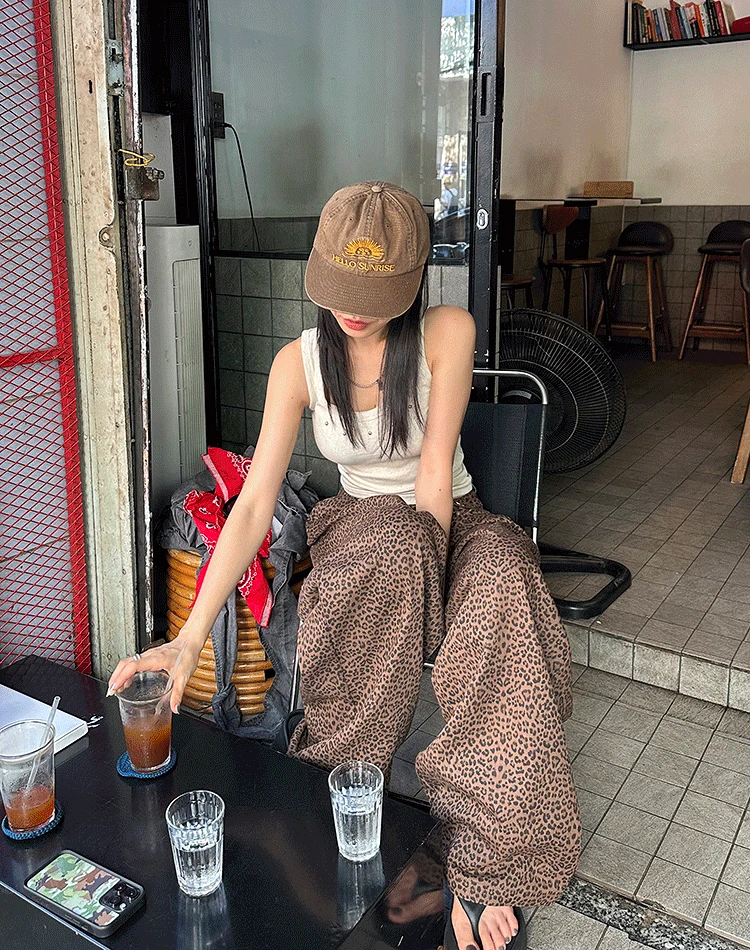 레오파드 핀턱 비조 팬츠