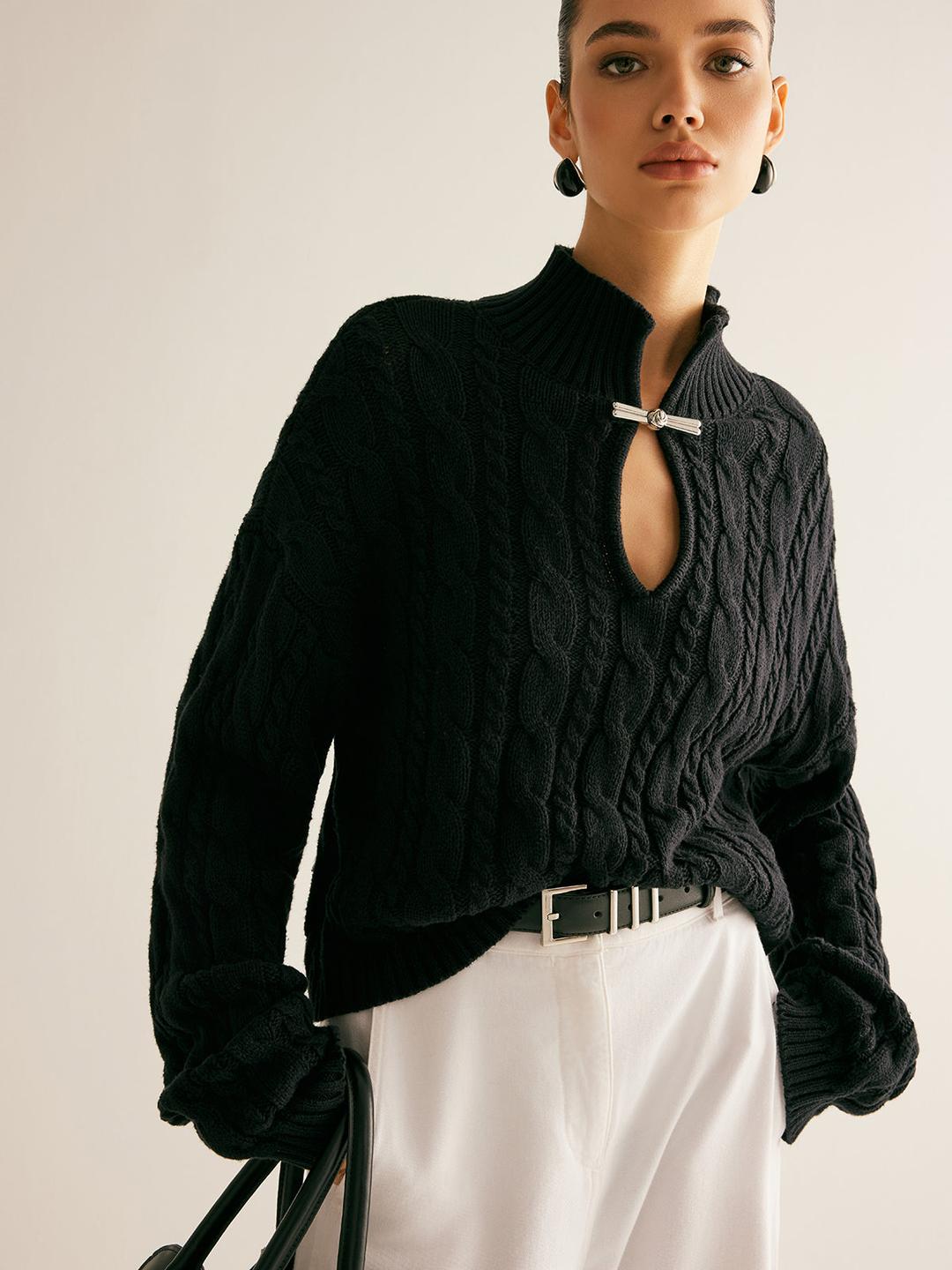 Cotton Keyhole Neckline Knit Top - Black / XS