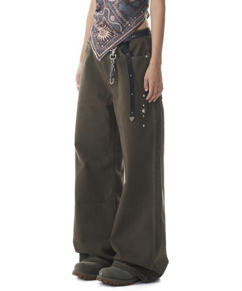 Western Studded Cotton Pants (Khaki)