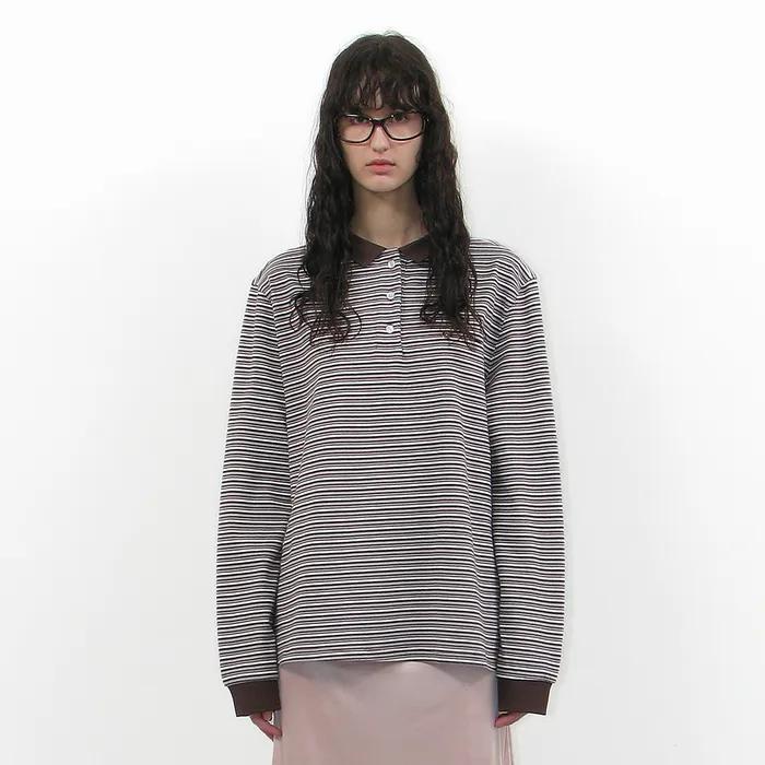 STRIPE LONG SLEEVE POLO TEE_BROWN