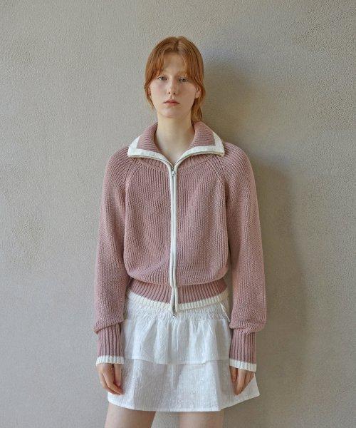 [Woman]컬러링 울 하이넥 집업 니트_DUST Pink