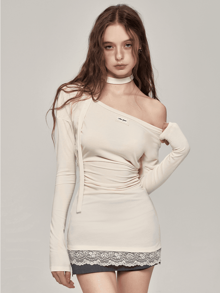 [MESS STUDIO] Tie Lace Off-shoulder Long Sleeve