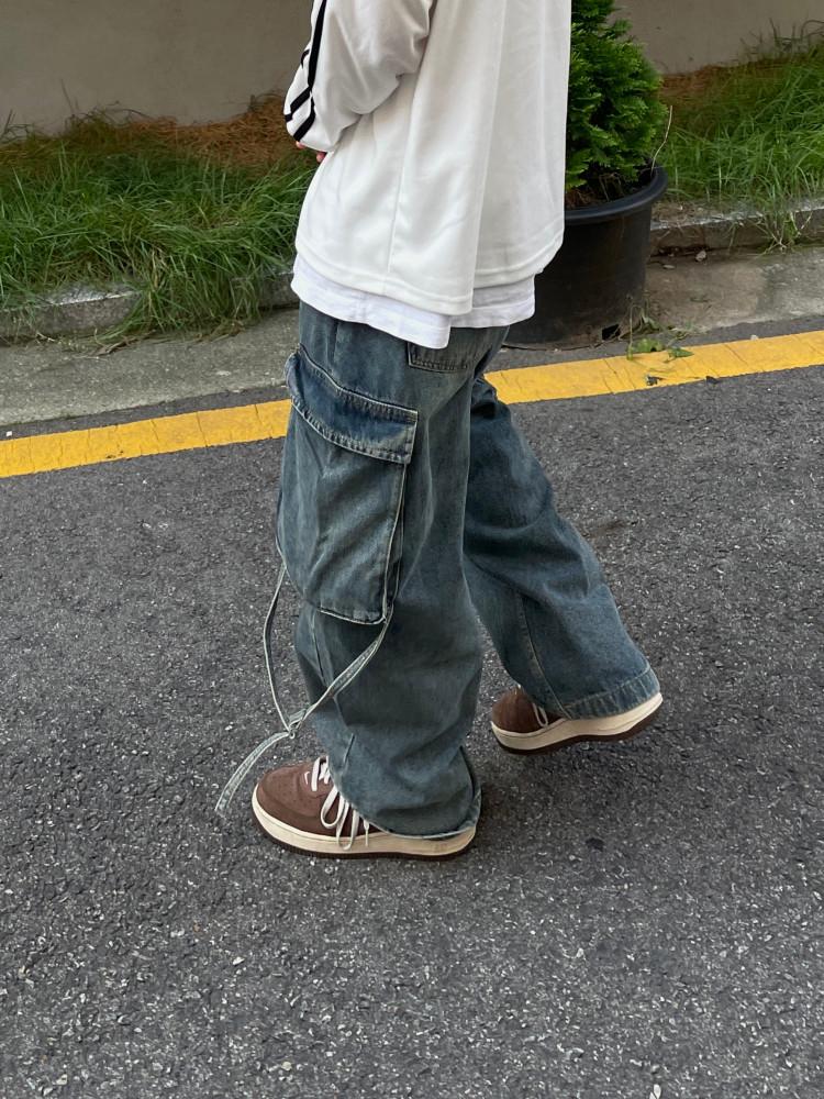 빅포켓 스트랩 카고 와이드 데님팬츠