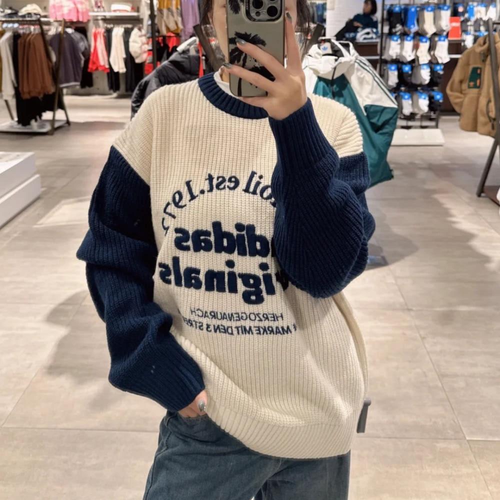 아디다스 오리지널 트레포일 클래식 니트 스웨터 맨투맨 공용 크림 네이비 IW6286