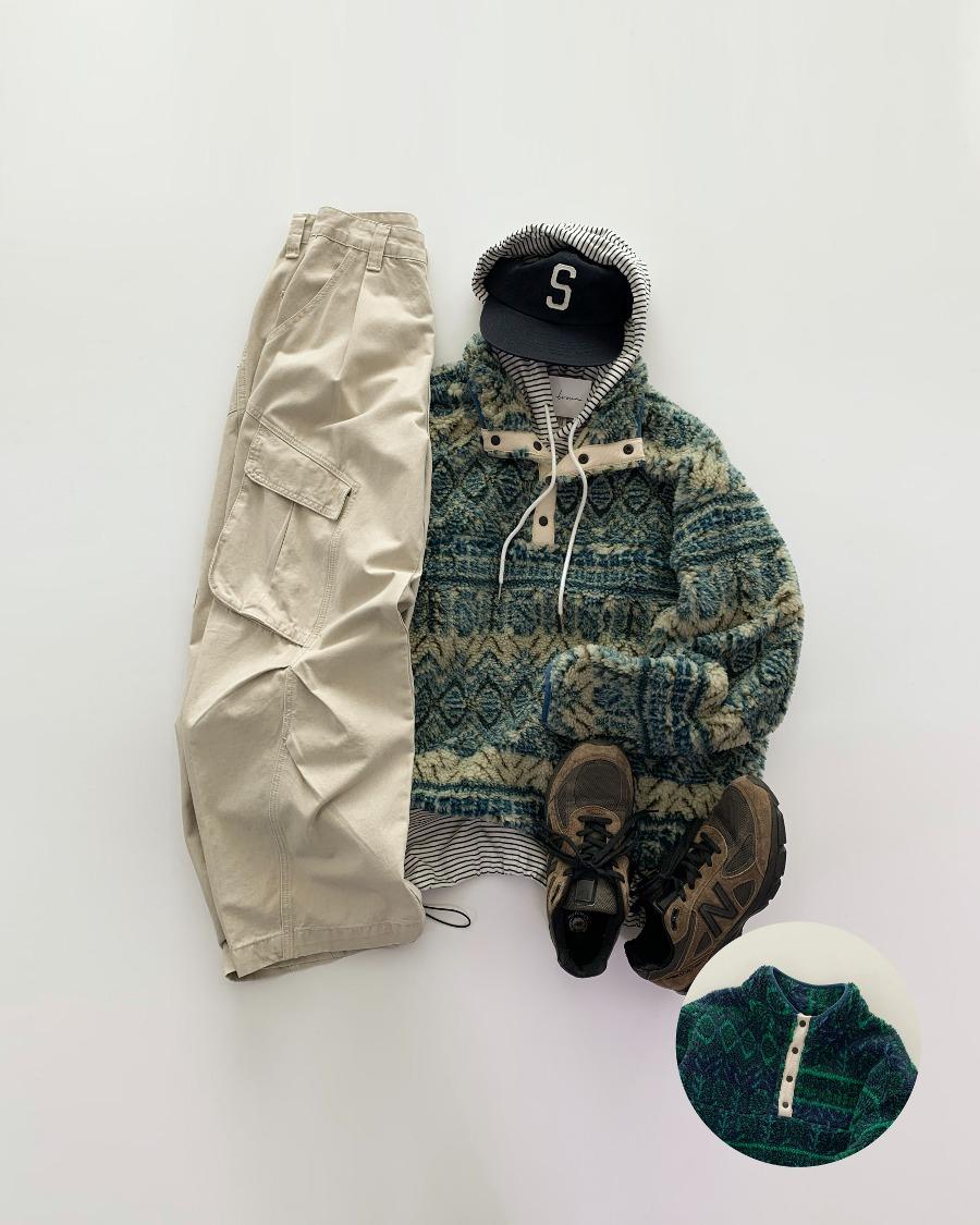 노르딕 패턴 플리스 하프 버튼 풀오버