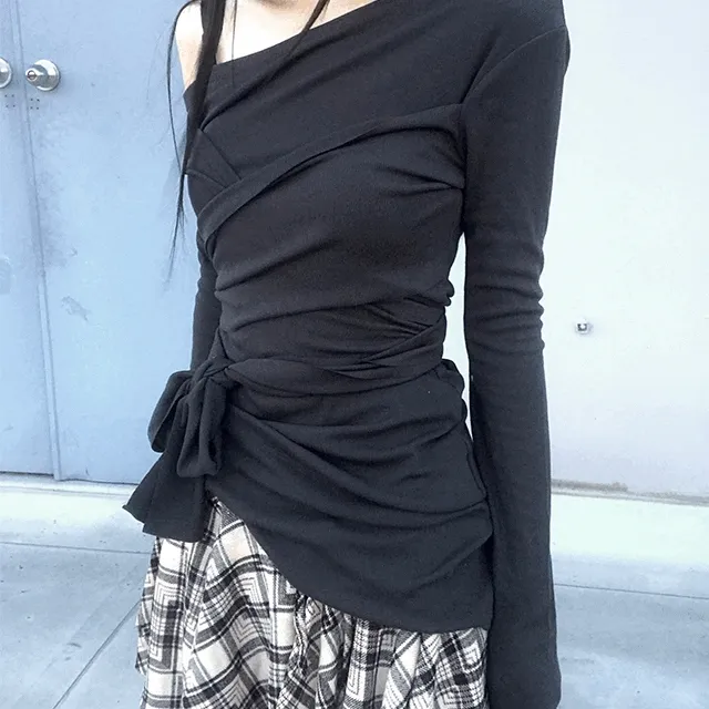 [활용도 좋은] 언발란스 오프숄더 타이 긴팔 티셔츠 (2color)