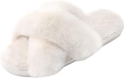 Women's Cross Band Slippers Fuzzy Soft House Slippers Plush Furry Warm Cozy Open Toe Fluffy Home Shoes Comfy Indoor Outdoor Slip On Breathable