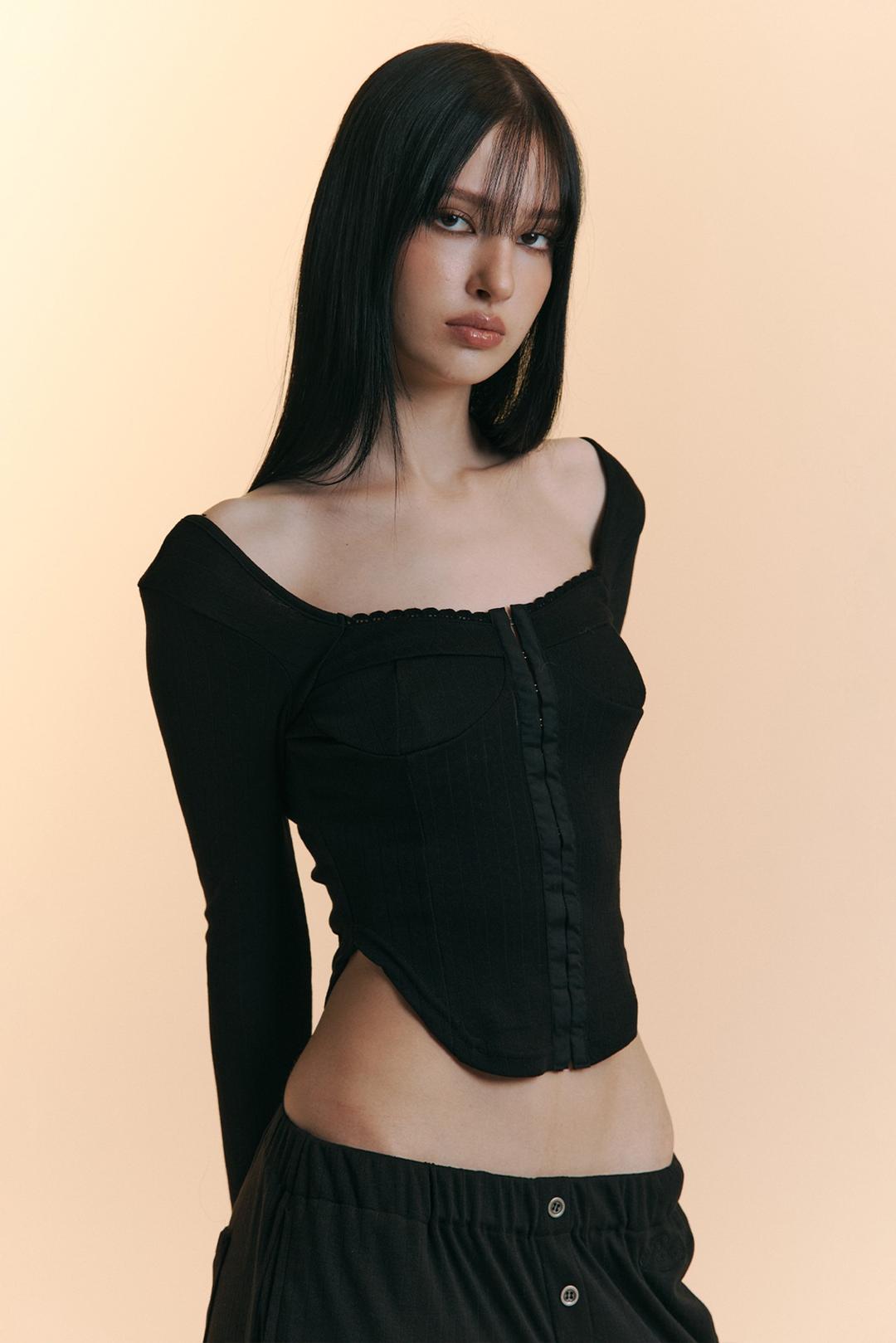Joan Corset Long Sleeve Top (Black)