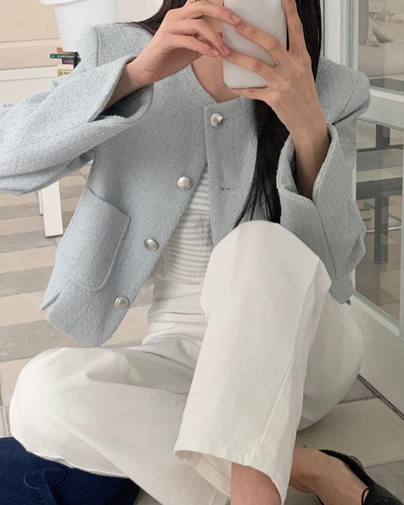 튤립 트위드 자켓(2color) 여자 여성 라운드 라운드넥 심플 베이직 고급스러운 봄자켓 : 딥 인사이드