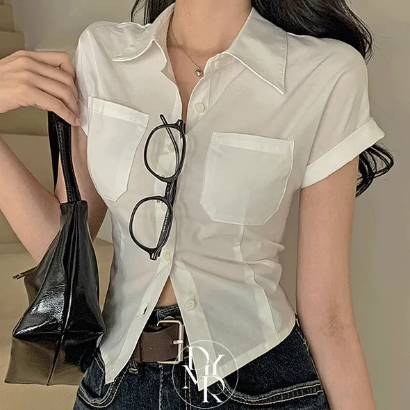 [💘단독신상💘/미친핏!] 썸머 롤업 소매 포켓 슬림핏 반팔 카라 크롭 셔츠 남방 여름셔츠