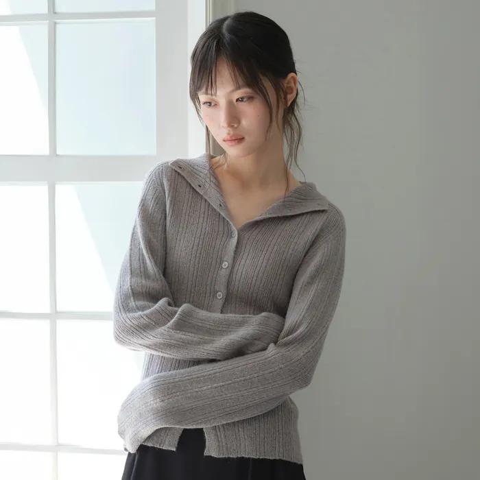 PLEATED BUTTON CARDIGAN_GRAY