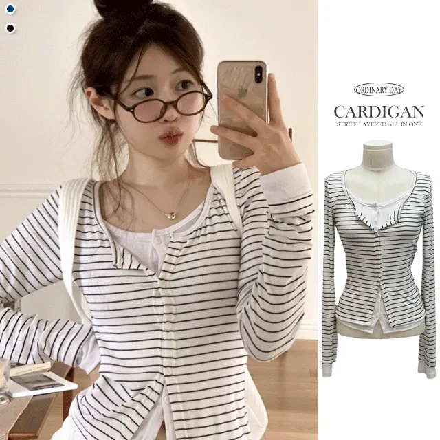 [일체형🤍-3kg]키에리 일체형 마린 스트라이프 슬림핏 배색 가디건 4color