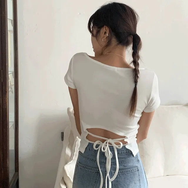 [여리핏] 백 리본 트임 유넥 반팔 티셔츠 (4color)