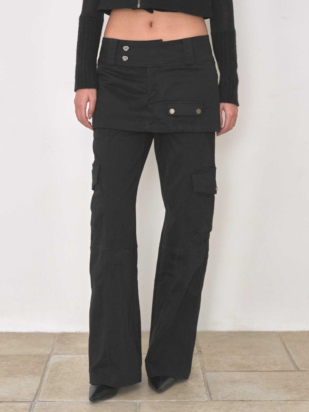 스커트 레이어드 카고 팬츠 - 블랙