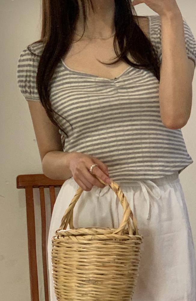 미엘 위빙 티셔츠 단가라 셔링 슬림반팔티