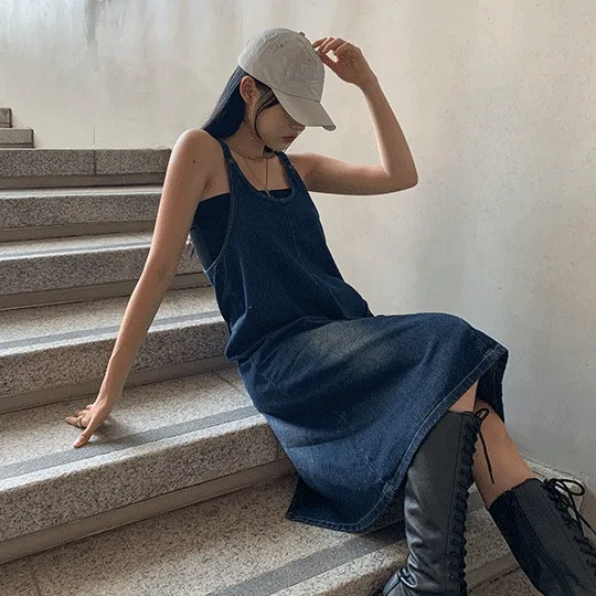 [논타이틀] 버든 절개 데님 미디 원피스 1col