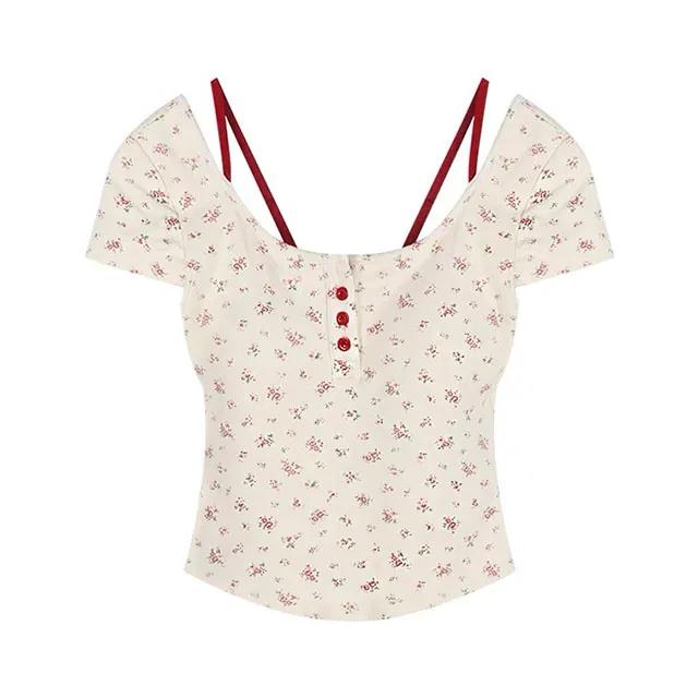 (캡내장) 레드 플라워 단추 브라탑 반팔 st001