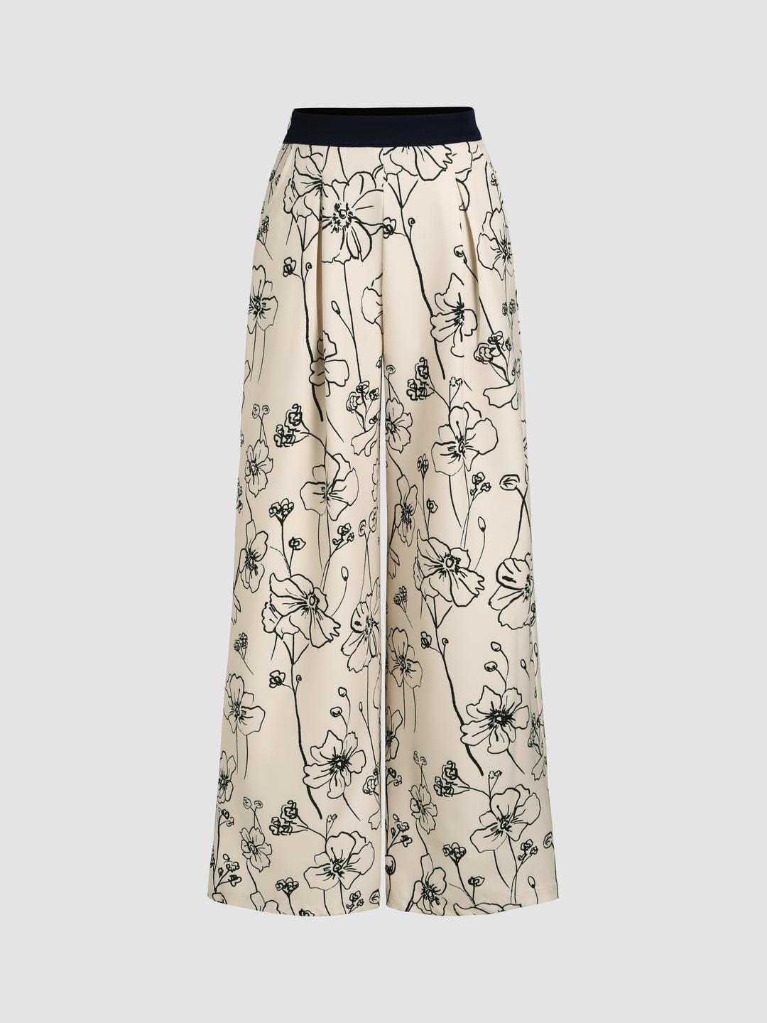 플로럴 배색 트리밍 플리츠 팬츠