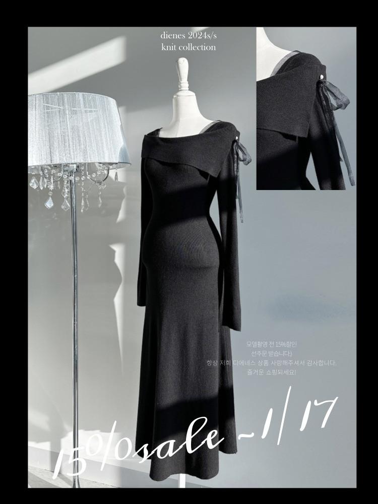 (선주문15%) 2024S/S 자체제작 니트 봄신상 여리핏 진주단추 오간자 리본 니트 슬림핏 스퀘어넥 오프숄더 롱 플레어 원피스