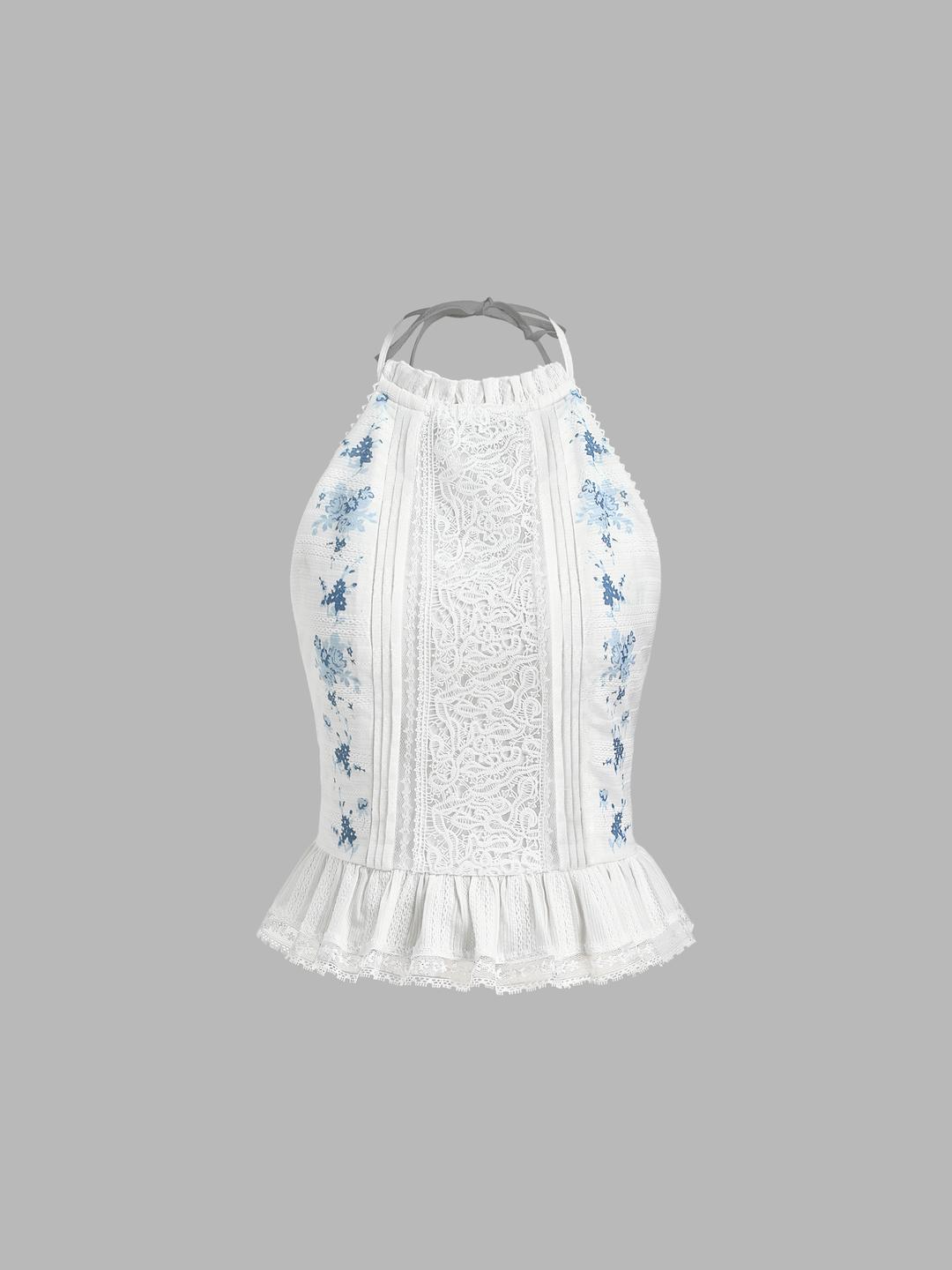 Cotton Halter Neckline Floral Shirred Ruffle Hem Lace Trim Tank Top