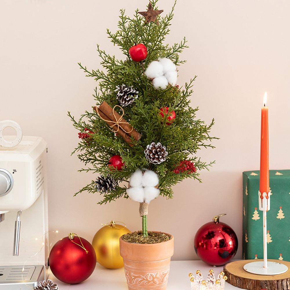 크리스마스 트리 미니 소나무 작은 화분 60cm 솔방울 사과 목화 장식 led 조명포함