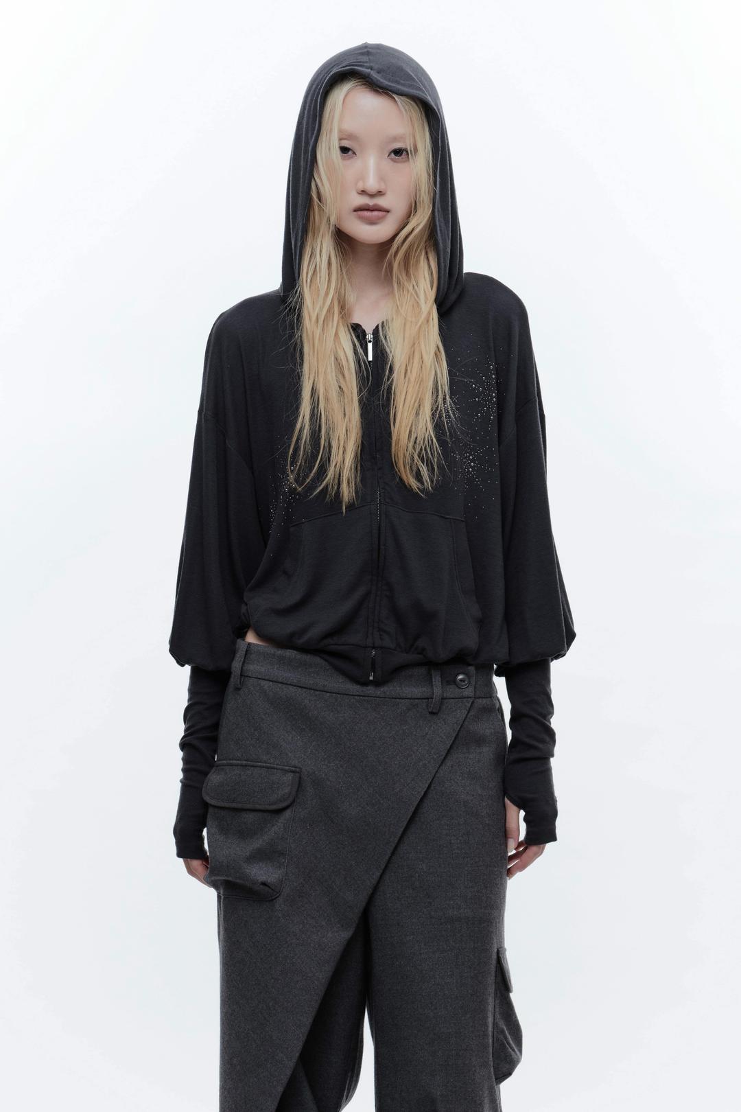 ARM WARMER RHINESTONE ZIP-UP HOODIE CHARCOAL