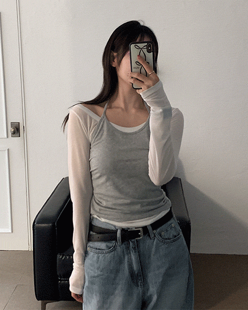 딥 홀터넥 슬리브리스 유넥 티 세트 (2color)