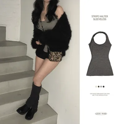 [*자체허리선!-3kg🤎] 단가라 홀터 나시 striped sv - 4color