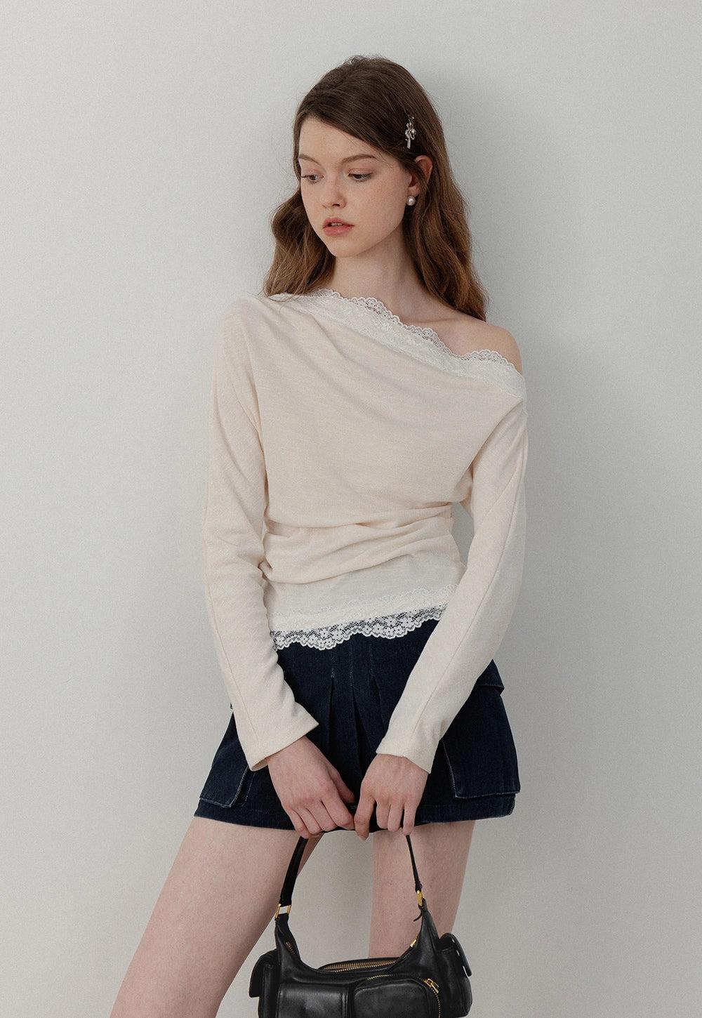 Women’s Lace-Trimmed Off-Shoulder Long Sleeve T-Shirts