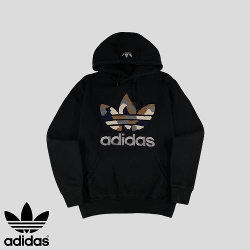 아디다스 블랙 트레포일 부클패치 코튼 기모 후드 티셔츠  SIZE M