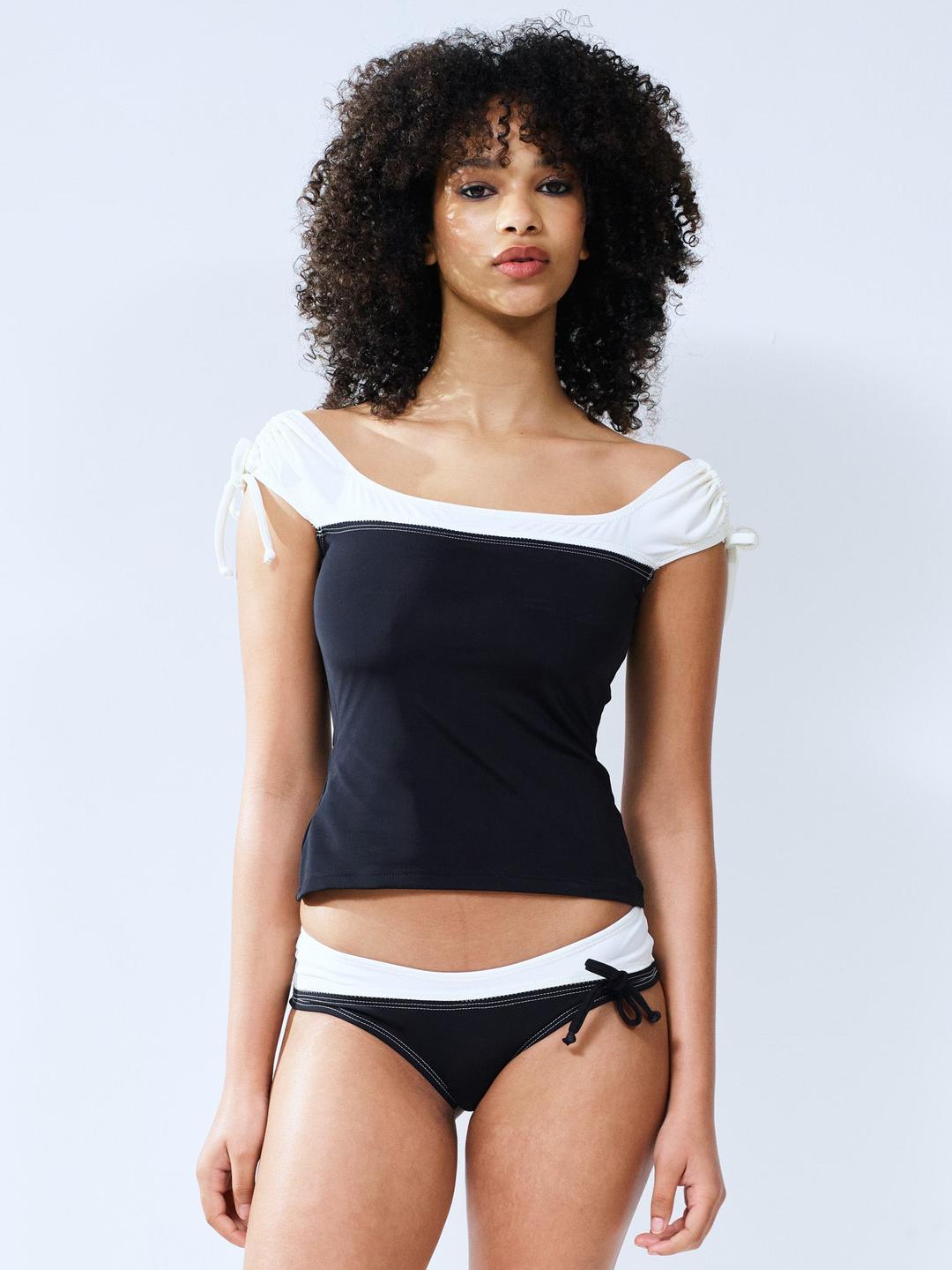 Scooped tie up blouse - black/pearl - L (16-18)