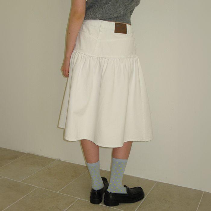 FRILL FLARE MID DENIM SKIRT WHITE