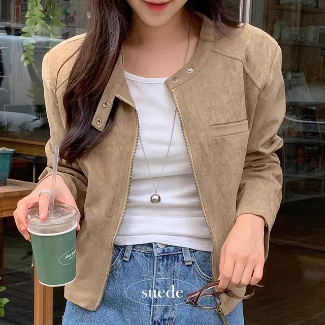 [스웨이드/노카라넥] 벨르 스웨이드 점퍼 집업 세무자켓 스웨이드자켓 가을신상 간절기룩 가을자켓 여자가을자켓 하객룩 드뮤어룩 하이넥 베이지자켓 가을아우터