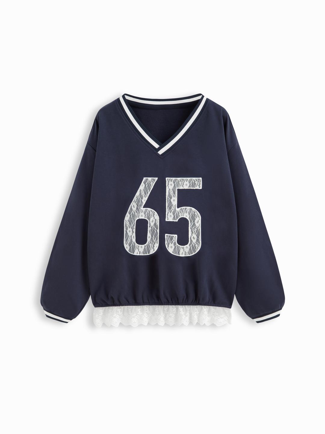 65 Cotton-blend V-neck Long Sleeve Contrasting Lace Oversized Sweatshirt