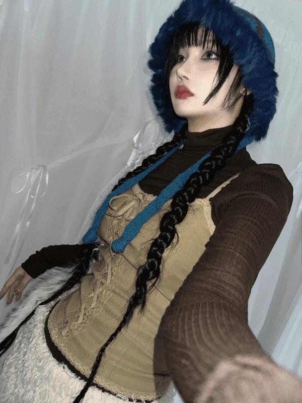 ETHNIC FUR KNIT BALACLAVA (BLUE, GRAY 2COLORS!)