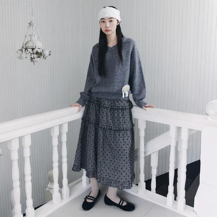 DOT FRILL LONG SKIRT_CHARCOAL