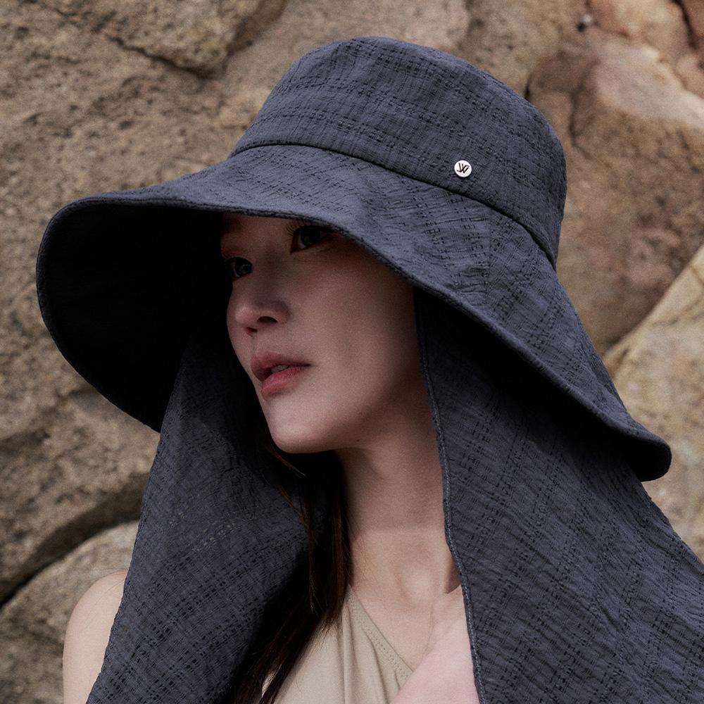 체크 와플 에어리 탈부착 차양막 스카프 플로피햇 로베인
